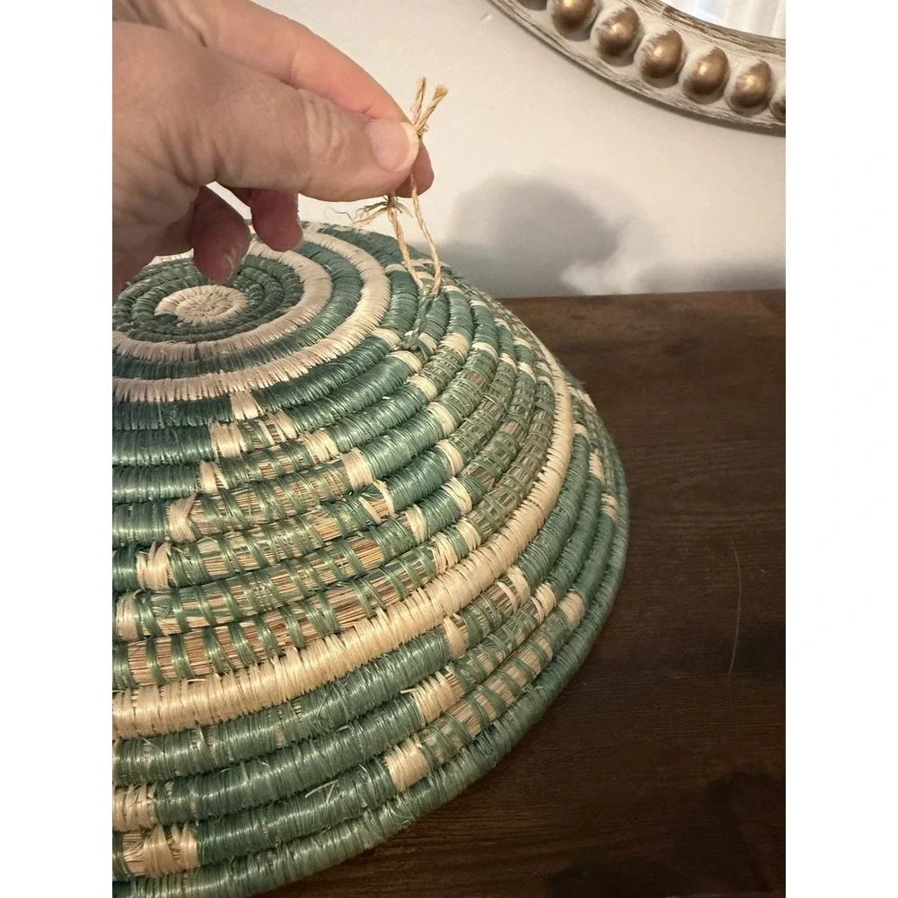 Handwoven African Basket‎ Bowl Green Natural Fiber Coiled Wall Decor 12
